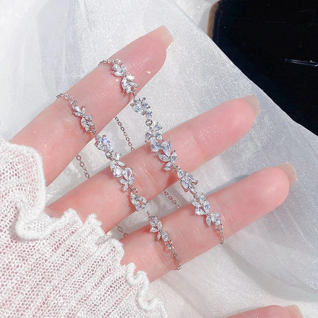 足银合成锆石手链 直播链接S03 小清新锆石紫藤花999足银手链