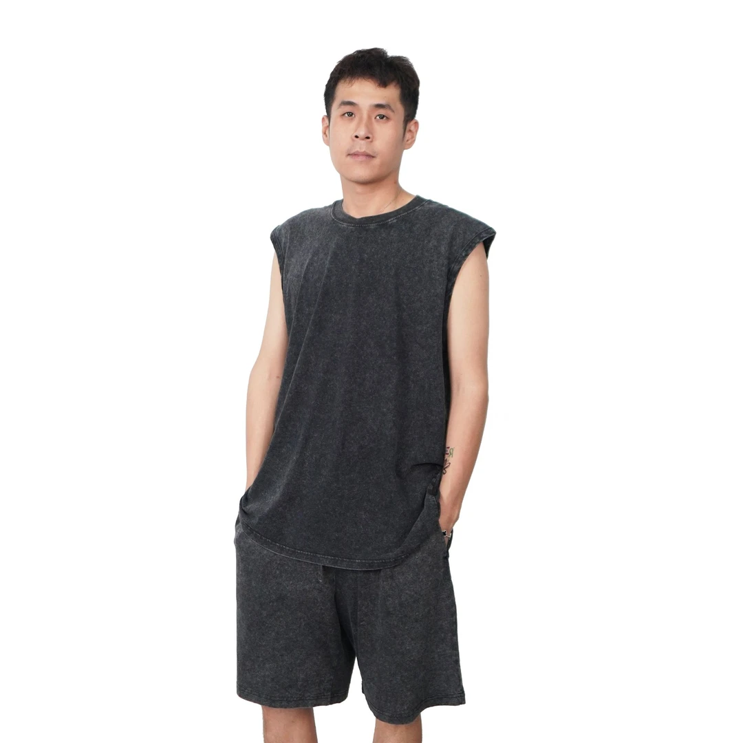 夏季时尚做旧圆领宽松休闲美式运动百搭230g纯棉背心Y002