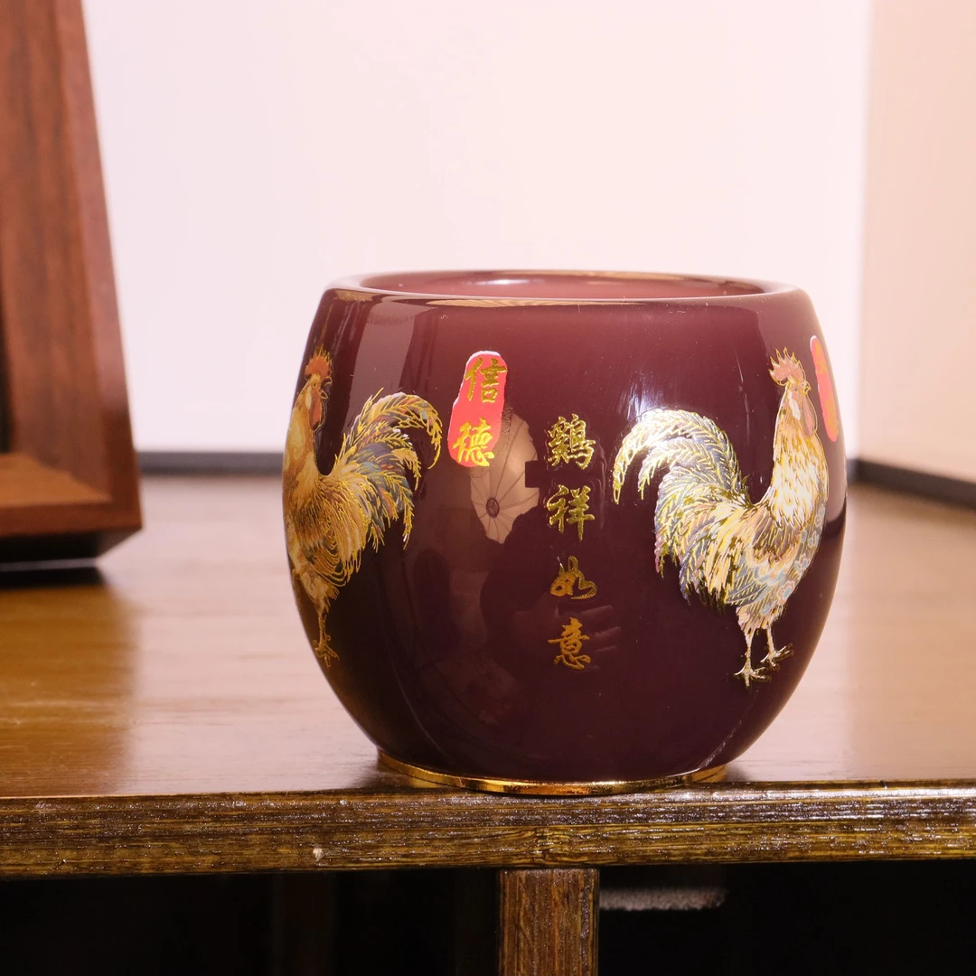 正品《生肖-鸡祥如意》葡萄紫夜光琉璃功德杯/容量80毫升/寻玉