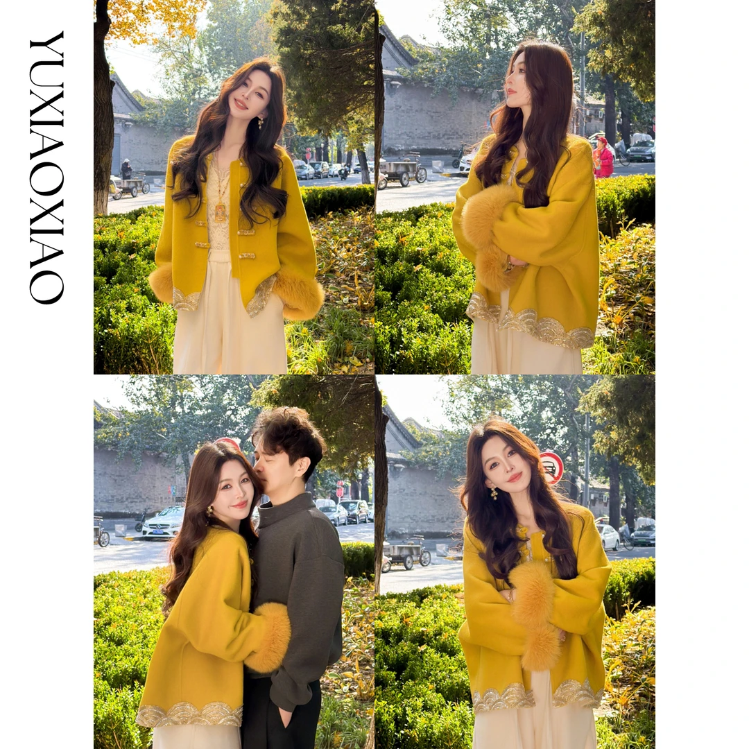 余潇潇【北平游记】中式羊毛羊驼兔绒混纺可拆卸定染狐狸毛宽松大衣