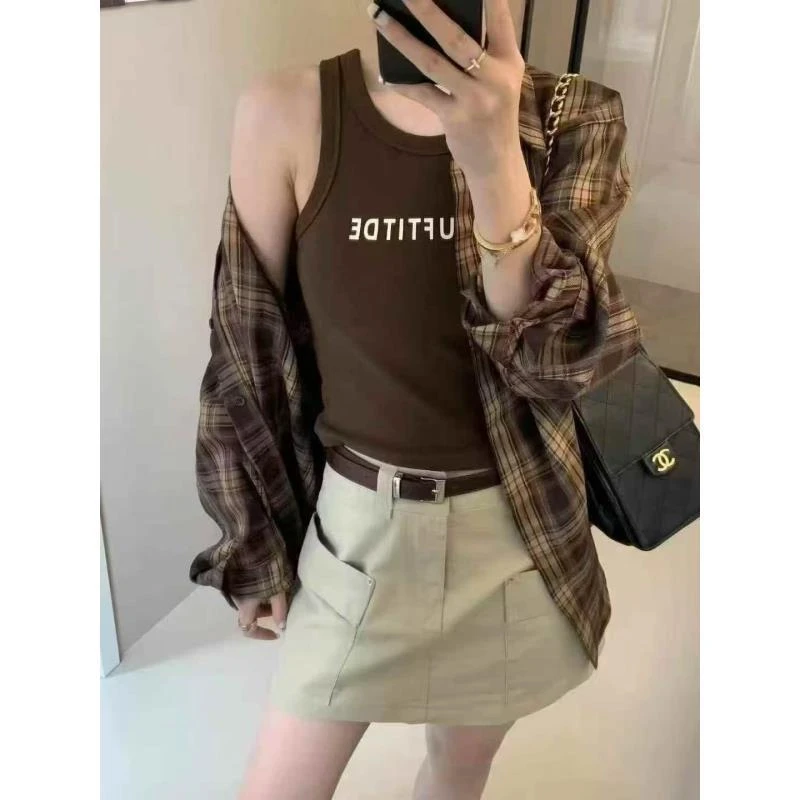 DALIANSU/大脸酥-4635【琥珀流光】秋季格子衬衫印花背心两件套