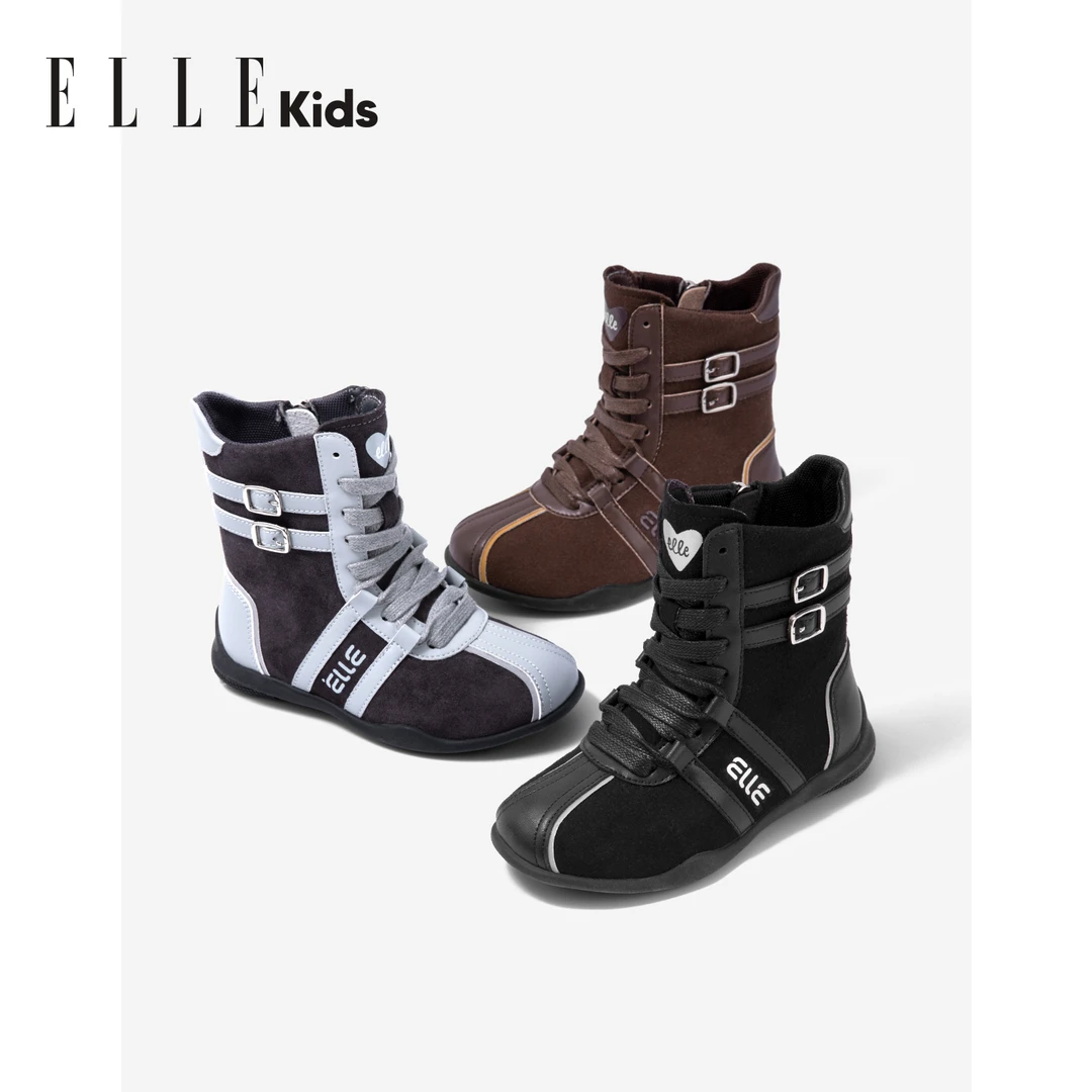 ELLE KIDS童靴2025秋冬季新款女童拳击靴中大童复古美式绑带皮靴