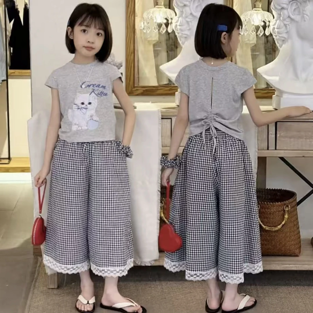 女童夏季格子套装2025新款洋气中大童短袖T恤蕾丝拼接格子裤套装