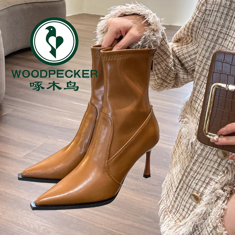 啄木鸟时尚高跟短靴春秋单靴2025年新款秋冬时尚拼接细跟瘦瘦裸靴