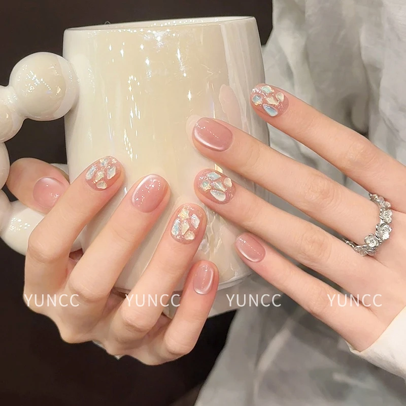 【仙鱼座】穿戴美甲白月光蜜桃猫眼粉色猫眼香槟钻穿戴甲春夏美甲