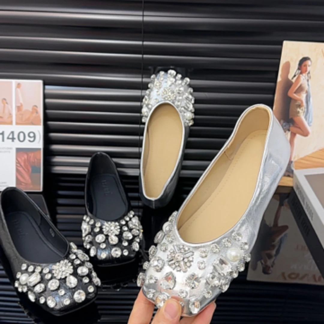 浅口内增高夏季平底水钻方头单鞋百搭时尚高街穿搭