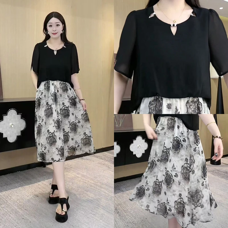 大码女装时尚气质连衣裙夏季新款印花假两件裙子ZB7318