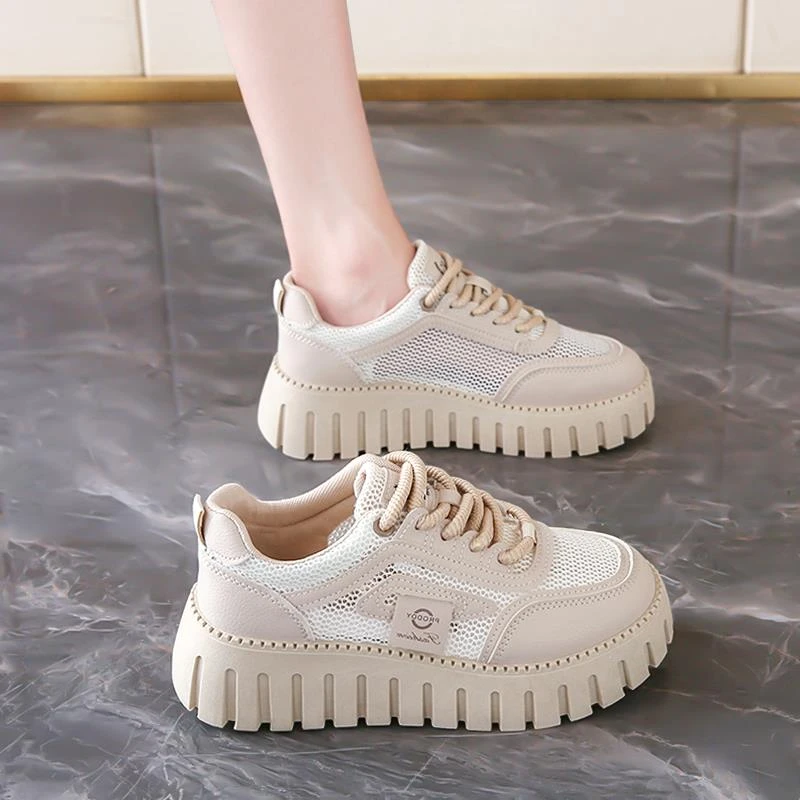 女鞋踩屎感网面老爹鞋2025新款夏季网鞋镂空透气松糕厚底运动板鞋