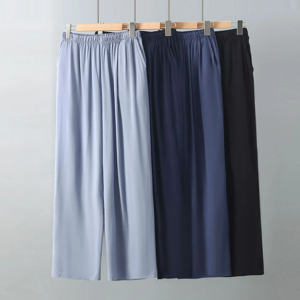 棉绸男士长裤夏季休闲家居裤薄款可外穿睡裤中老年人造棉直筒裤