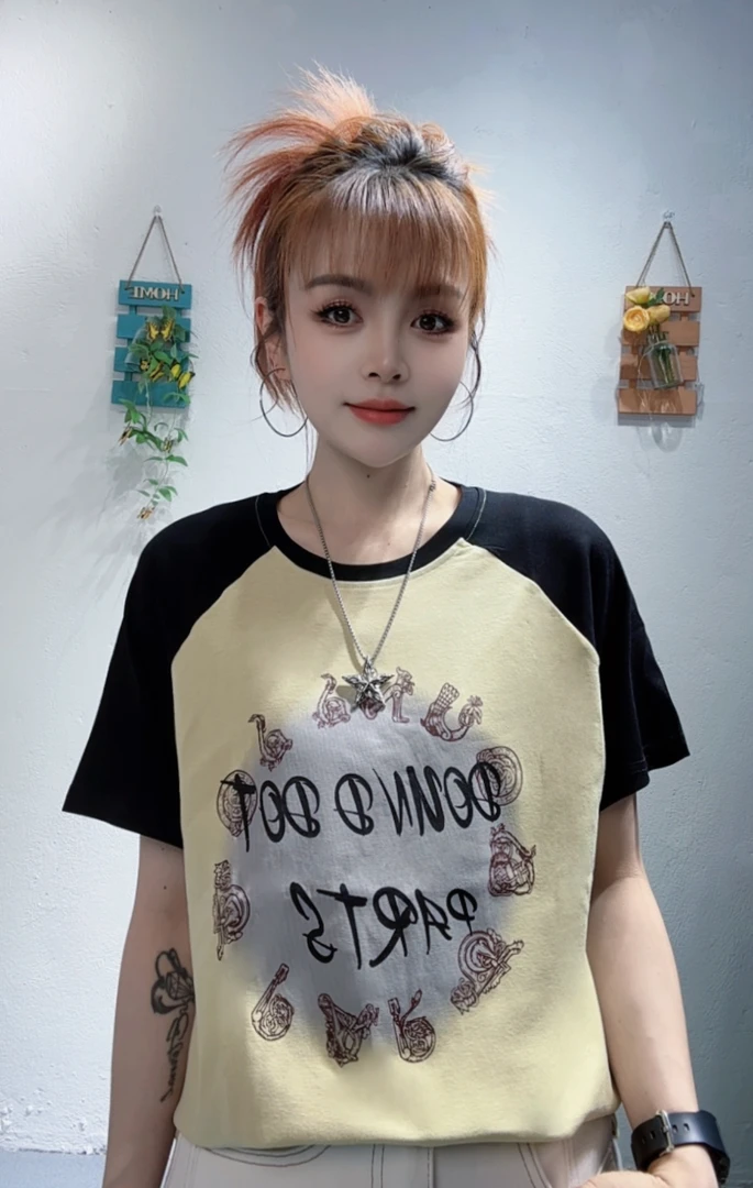 dx705-夏款环形图案短袖拼潮流插肩袖女洋气上衣