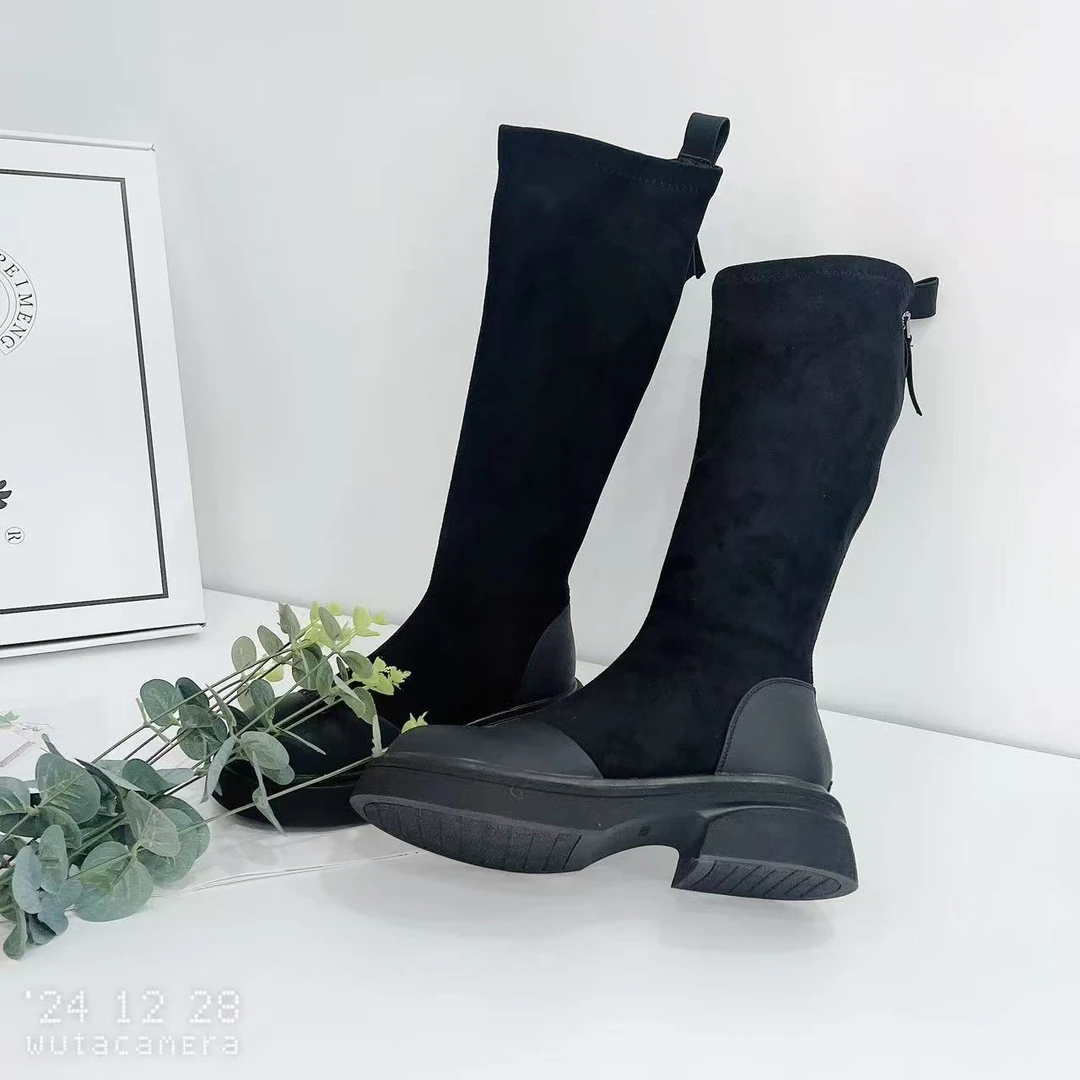 15309 冬季新款时尚百搭圆头厚底长靴加绒