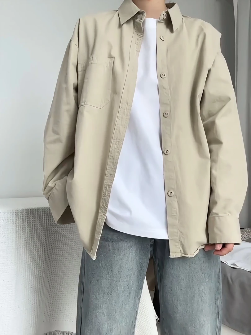 卡其色工装长袖衬衣男款春夏季薄款休闲外套衬衫纯棉短袖内搭秋季