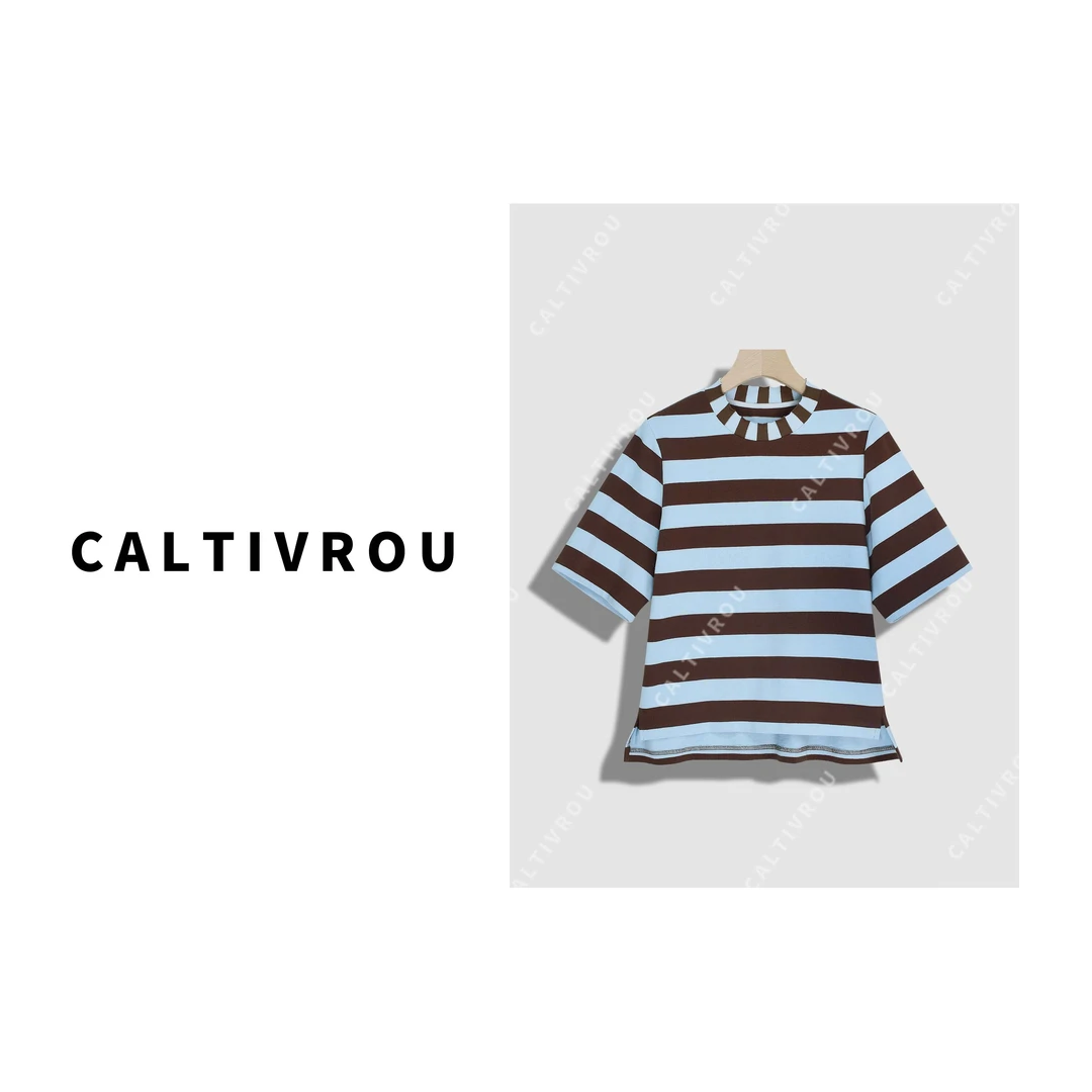 Caltivrou【蕊蕊】美式复古撞色拼接条纹短袖-Y18505