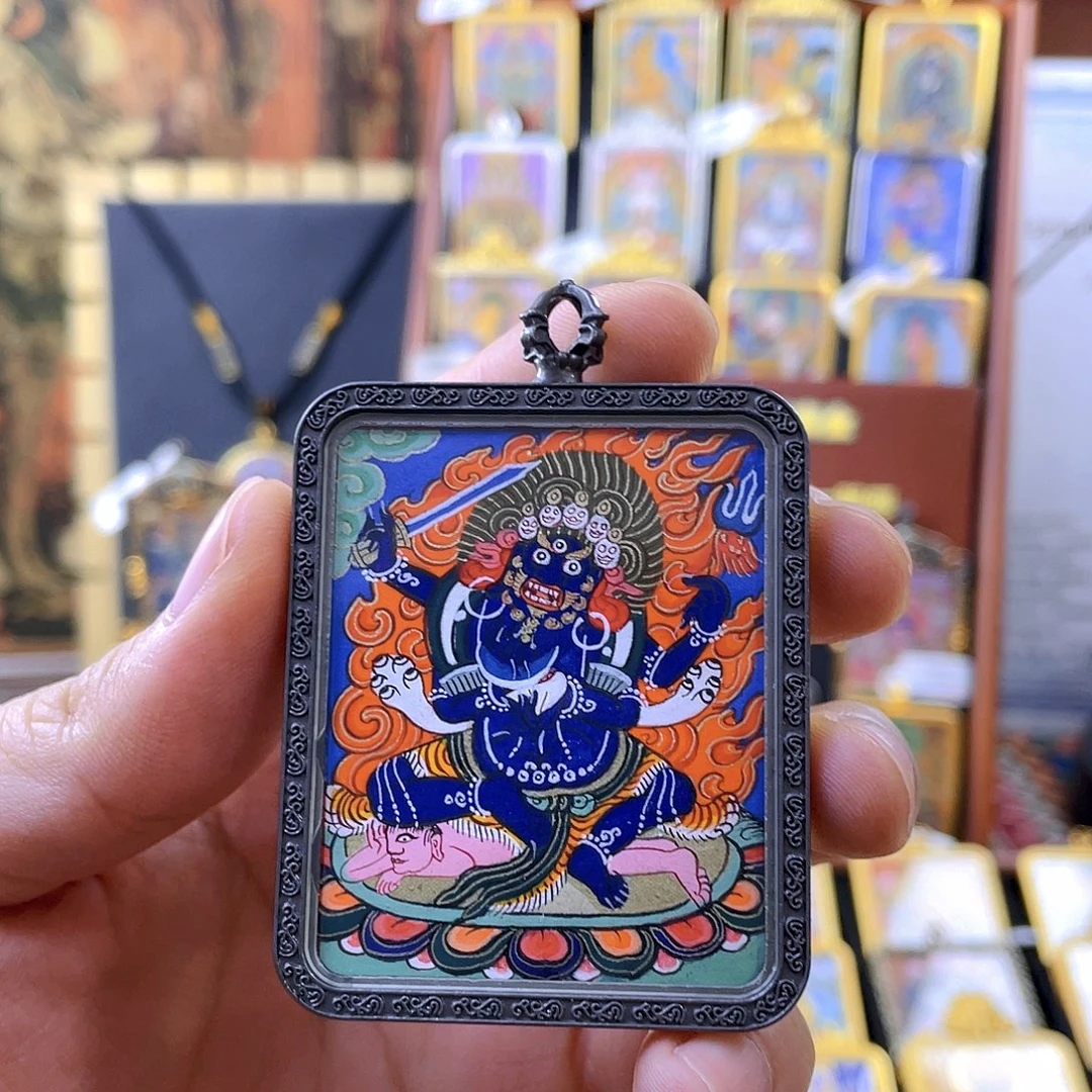吊坠热贡纯手绘四臂大黑天唐卡