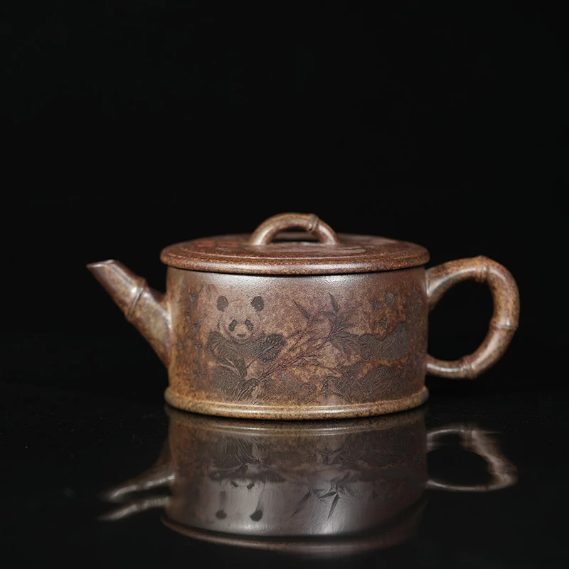 古龍窑柴烧 汉瓦   宜兴原矿紫砂 全手工 竹节熊猫 刻绘 紫砂壶