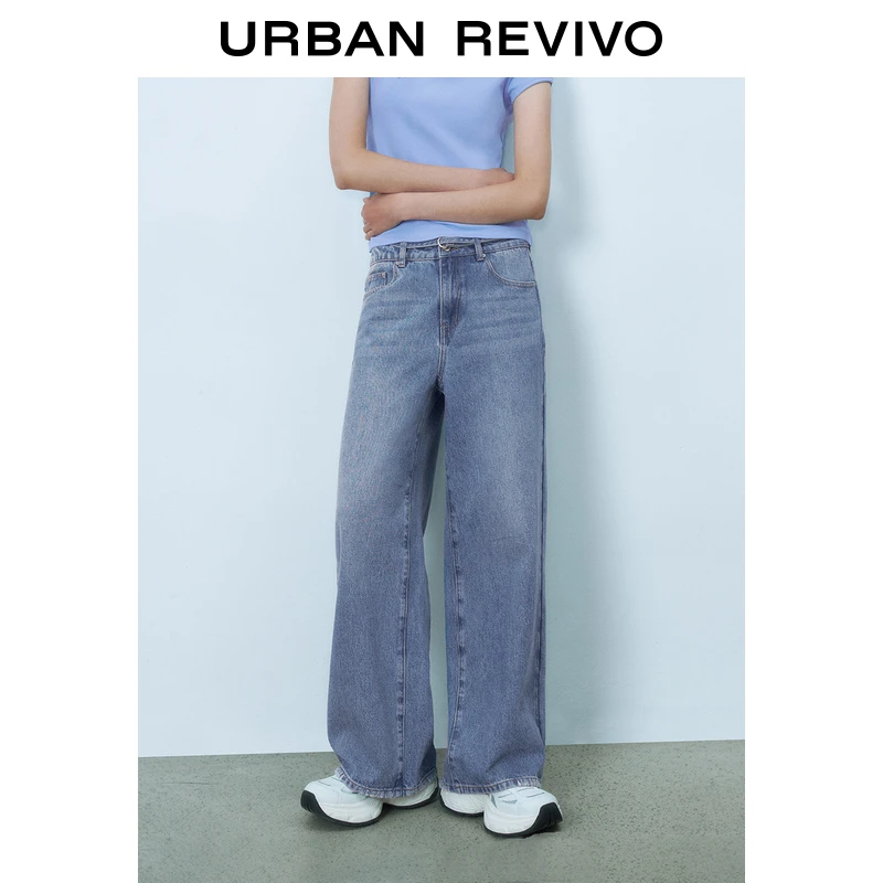 UR2025春季新品女装欧若风复古水洗系带猫须牛仔长裤UYY850052