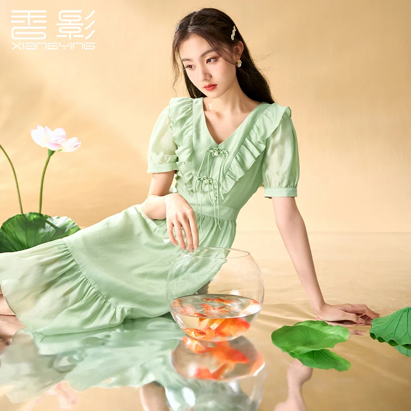 【丽公主】2329连衣裙 香影新中式国风连衣裙女夏装新款绿色收腰时