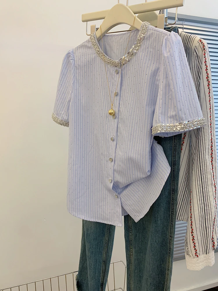 法式泡泡短袖坚条纹衬衫女小个子通勤绝美气质上衣重工高级设计感