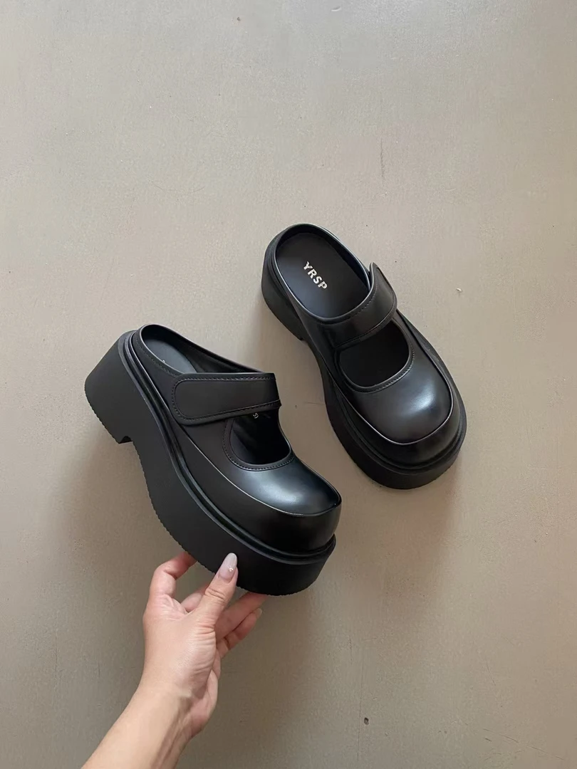 楚宸®浅口松糕鞋皮鞋时尚玛丽珍鞋复古小众魔术贴凉拖