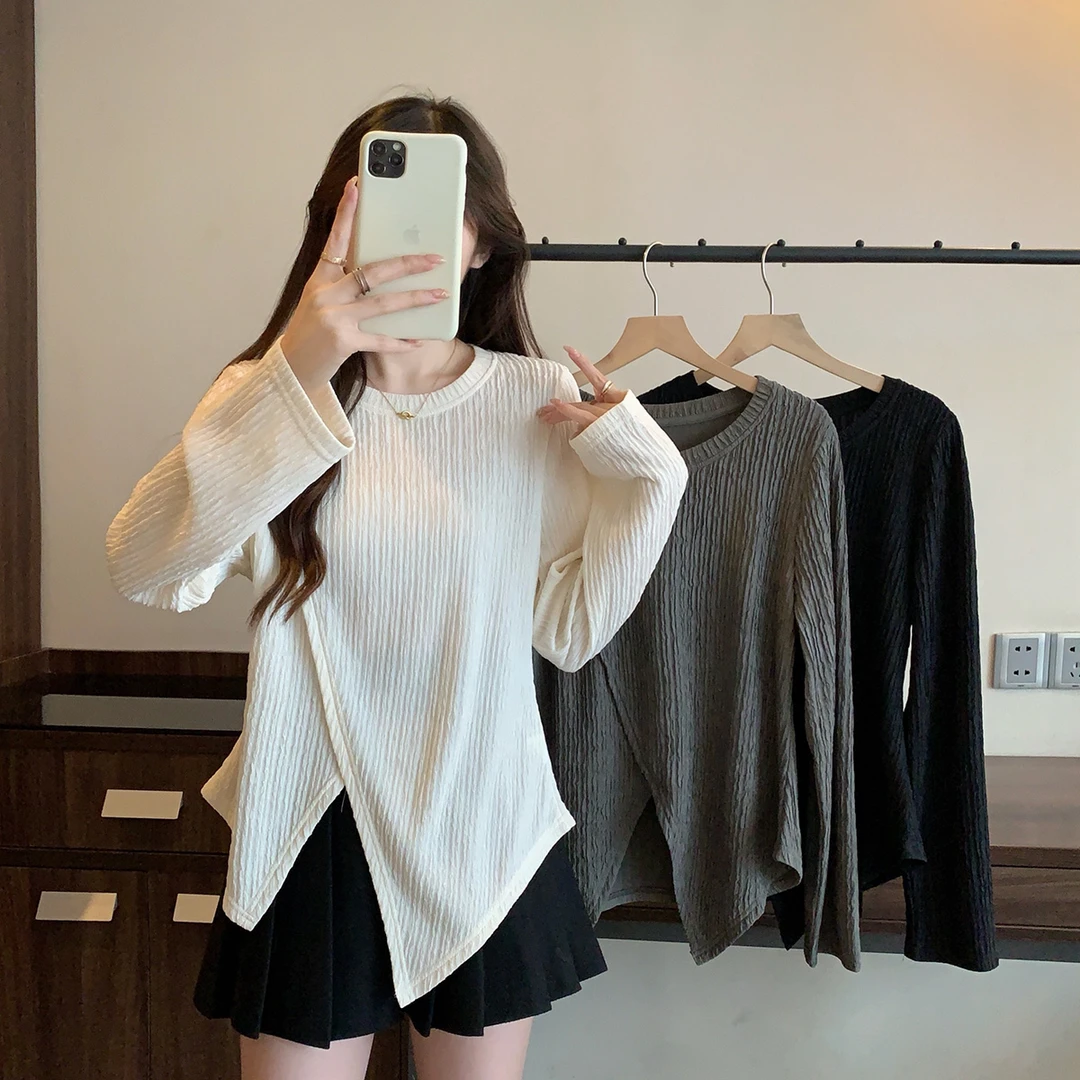肌理感不规则开叉打底T恤秋季大码胖mm遮肚正肩显瘦内搭上衣63551