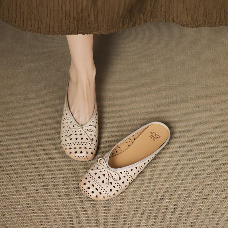 真皮镂空蝴蝶结包头拖鞋女夏外穿女款2025新款夏季一脚蹬平底女鞋
