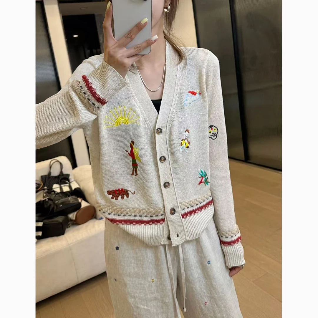 小静静一会【卡通刺绣开衫】2025夏款单排扣针织上衣 2504C2143