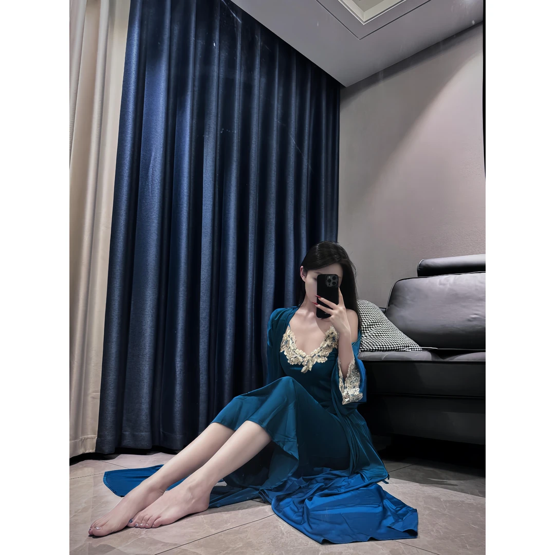 法式高级纯欲蕾丝拼接吊带睡裙女夏季新款冰丝开衫睡袍家居服套装