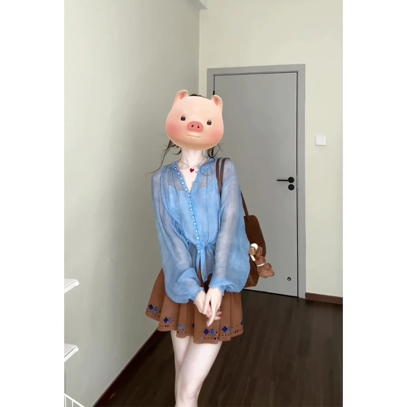 洋气衣服女早秋新款薄款微透复古收腰显瘦长袖衬衫高腰显瘦半身裙