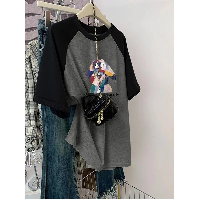 撞色短袖t恤女2025春夏秋季新款中长款韩版宽松休闲大码圆领上衣