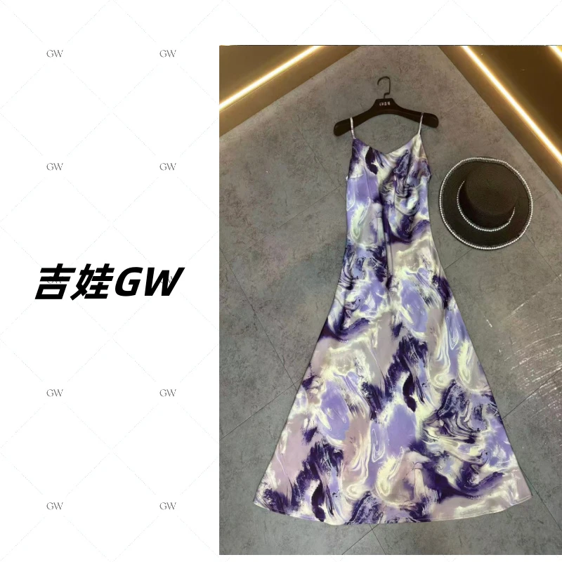 GW金蟾缎面【紫藤物语】新款晕染法式显瘦高级感仙气收腰吊带连衣裙