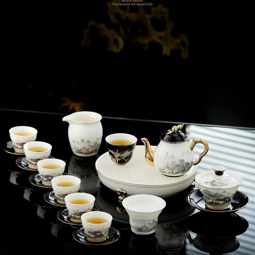 山古雅居羊脂玉茶具套装家用高档泡茶器高档轻奢礼盒送礼瓷杯茶杯