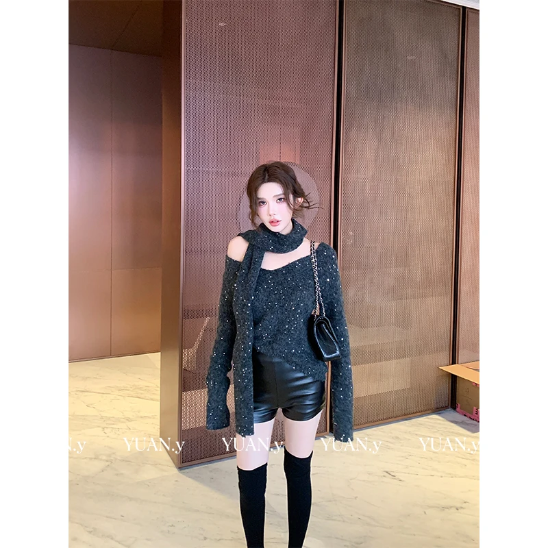 媛媛 【璀璨星河】韩系新款慵懒亮感气质v领毛衣秋冬宽松上衣#M0622