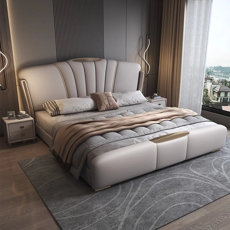 意式真皮轻奢现代简约双人床主卧大床婚床+床头柜+床垫套装