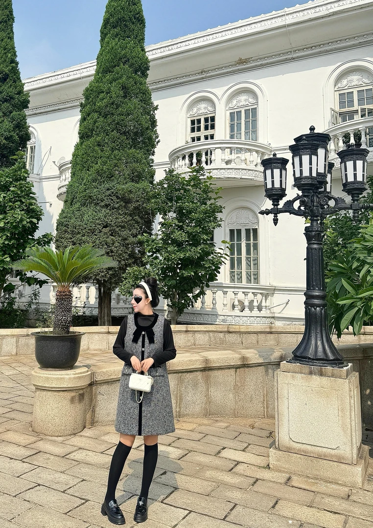 小香风气质优雅女微胖穿搭新款收腰显瘦百搭中领内搭连衣裙两件套