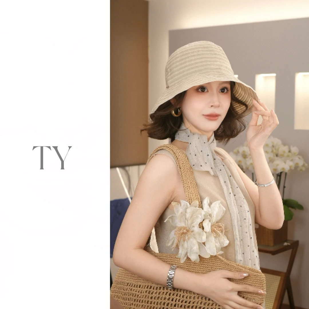 轻薄透气条纹渔夫帽女夏日系百搭可折叠户外出游防晒遮阳帽百搭