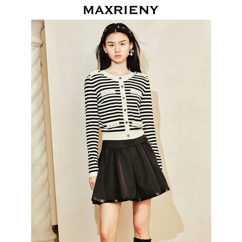 【初依专属】MAXRIENY奢华都市条纹小香风毛织外套
