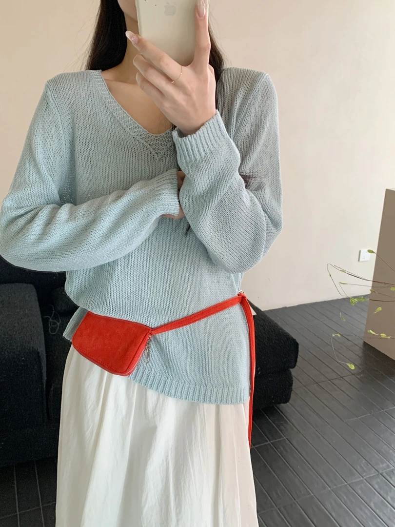 【素简.960168】春款上新天爽亚麻桃心V红人上新混纺针织衫
