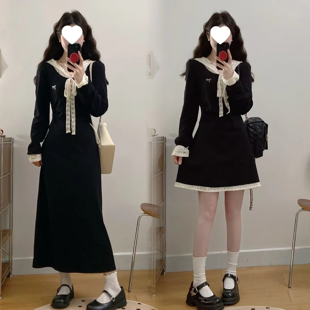 老钱风大码法式富家千金连衣裙女春季高级感蕾丝小黑裙胖MM遮肚显