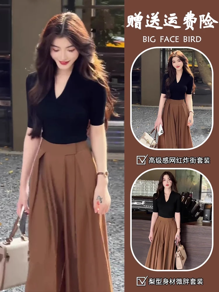 干练气质女装夏季新款时尚休闲轻奢高级感黑色V领上衣阔腿裤套装