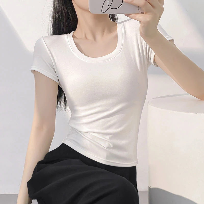 2025新款U领正肩纯色设计感修身女士短袖T恤