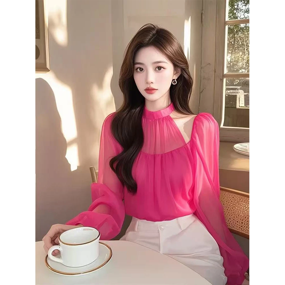 玫红色雪纺长袖衬衫女2025春季镂空超好看漂亮独特上衣设计感小众