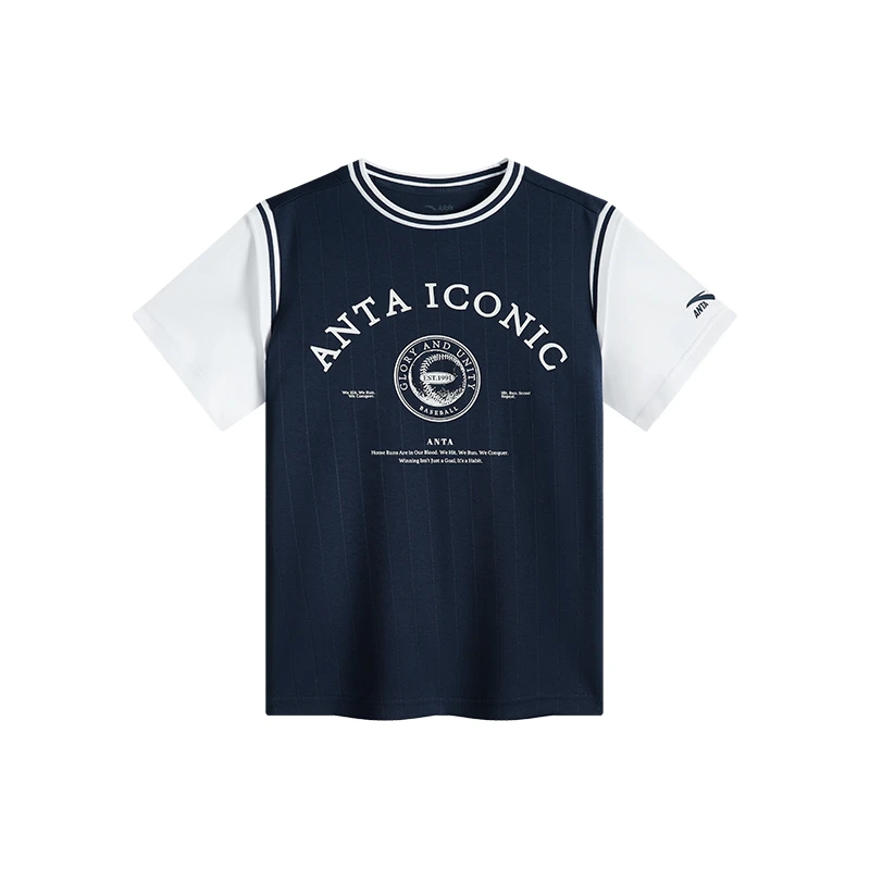 安踏儿童男大童2025年夏新款透气亲肤圆领针织短袖衫/352528128