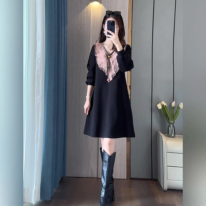 大码中长款连衣裙春秋2025新款女装a字裙子洋气减龄显瘦中长裙子