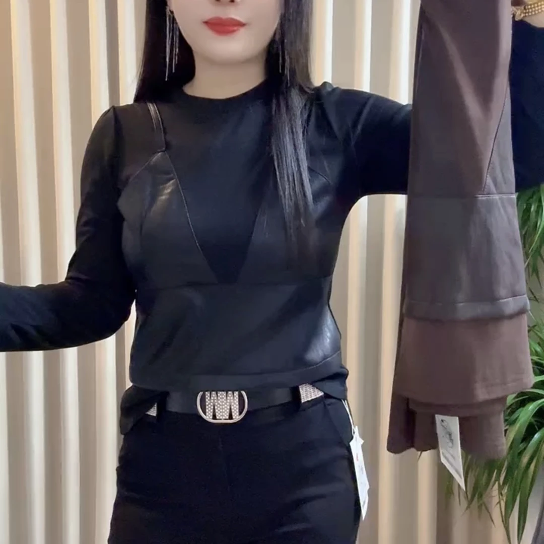 拼接拉绒气质假俩件秋冬百搭打底洋气小衫