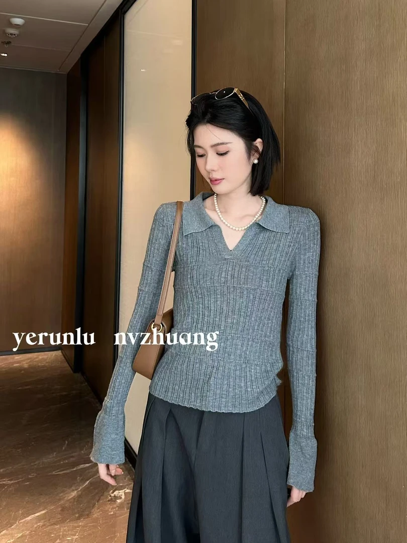 YERUNLU翻领Polo针织打底衫长袖女秋内搭修身绝美流行上衣