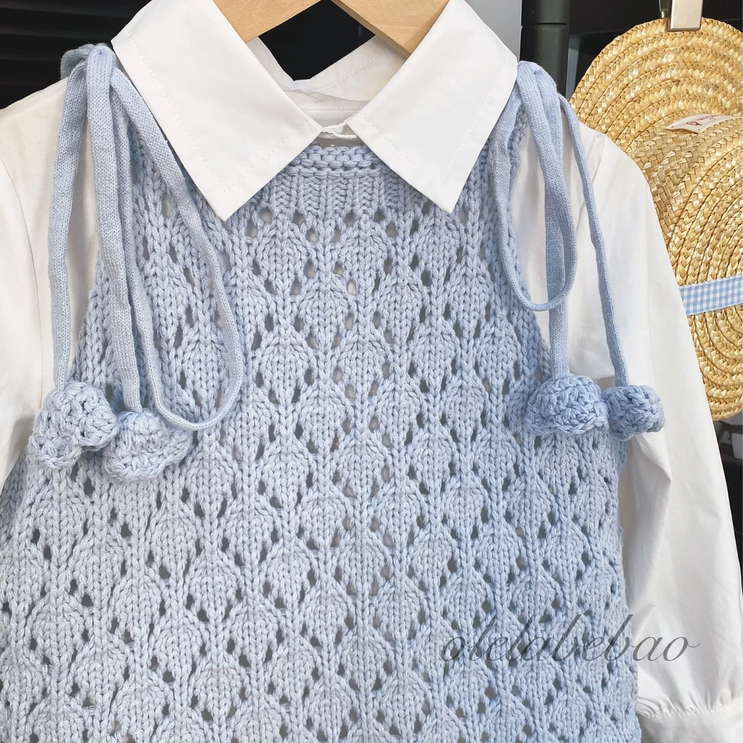 淡蓝色球球镂空针织吊带背心马甲