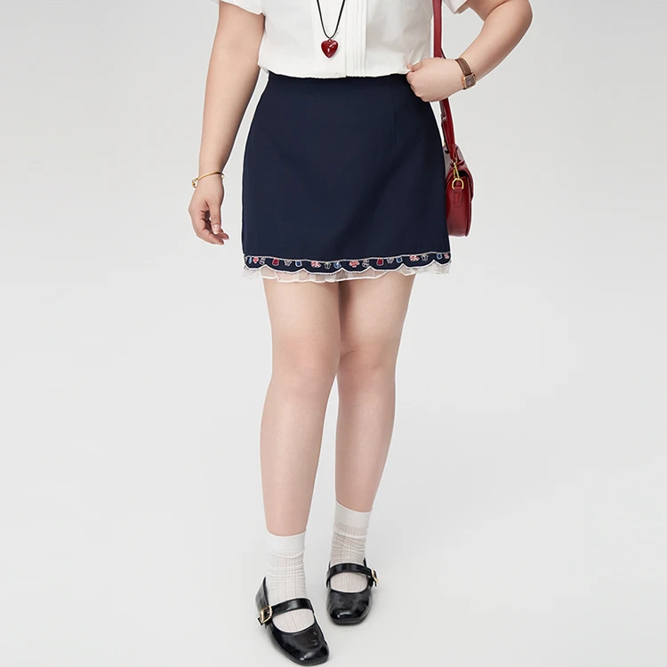 【藏青夏意】大头婷微胖夏季半身裙重工绣花高腰西装A字短裙