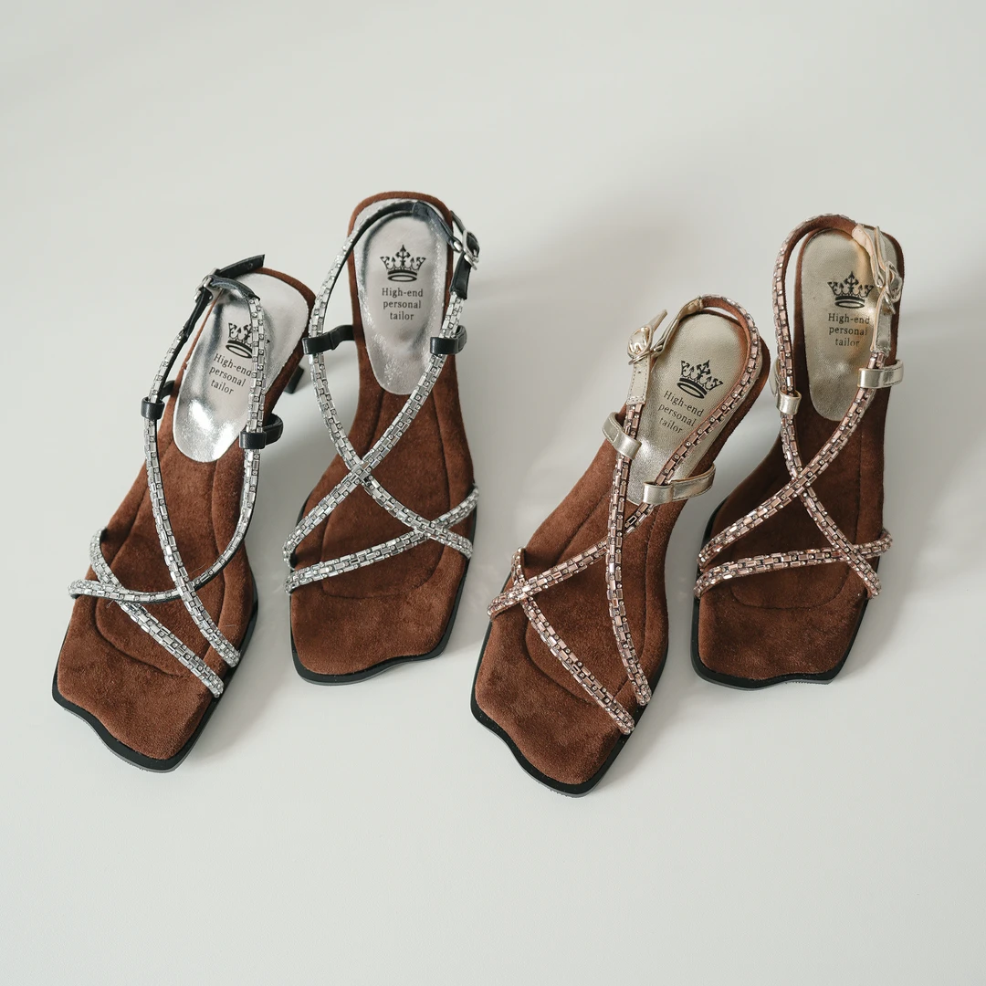 跟高5cm/3027/夏季百搭气质舒适精致水钻方头高跟凉鞋女