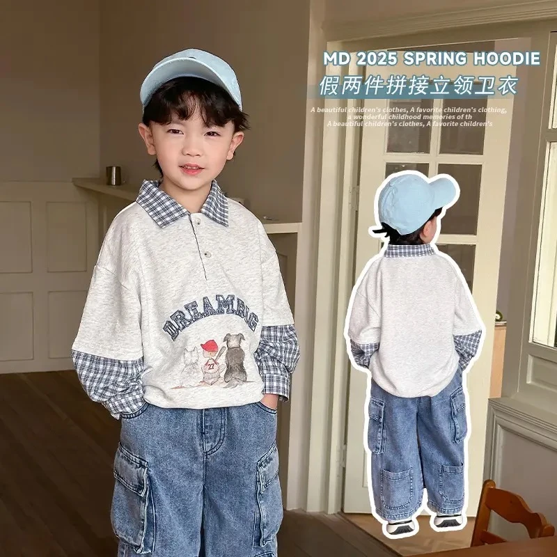 3000春款休闲时尚流行百搭个性男女童假2件卫衣