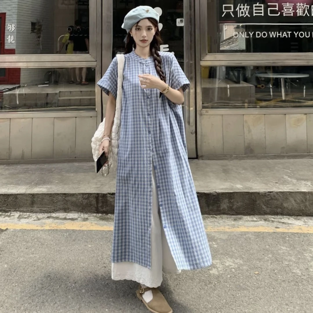 复古撞色格纹立领宽松百搭短袖衬衫裙+宽松休闲长裤套装连衣裙